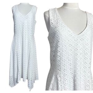 Ronni Nicole White Midi Dress | Asymmetrical Hem, Sleeveless, Eyelet | XL